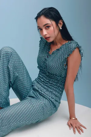 Abstract Green V-Neck Smocked Waist Jumpsuit