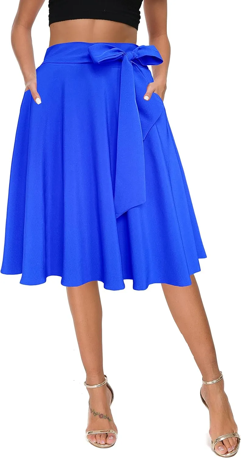 Afibi Womens Vintage High Waist A-Line Skater Skirt Flared Midi Skirt with Pockets