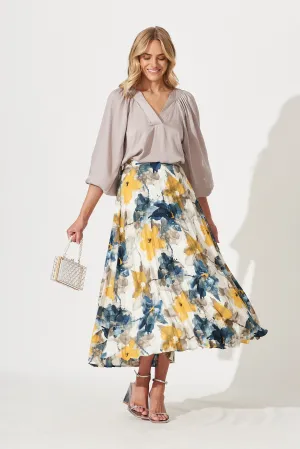Amary Midi Pleat Skirt In Navy With Yellow Watercolour Print