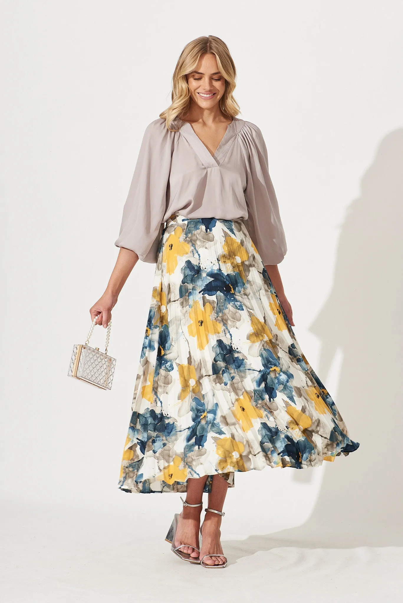 Amary Midi Pleat Skirt In Navy With Yellow Watercolour Print