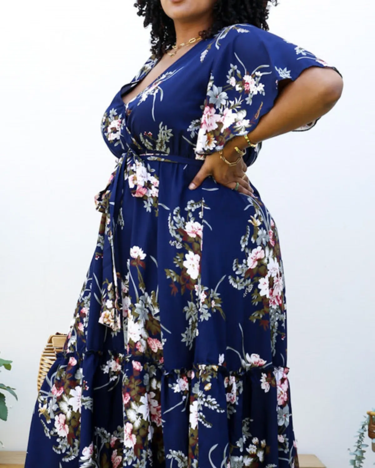 Anna Kaci Plus Size V Neck Floral Print Flowy Navy Maxi Dress - Jn4719