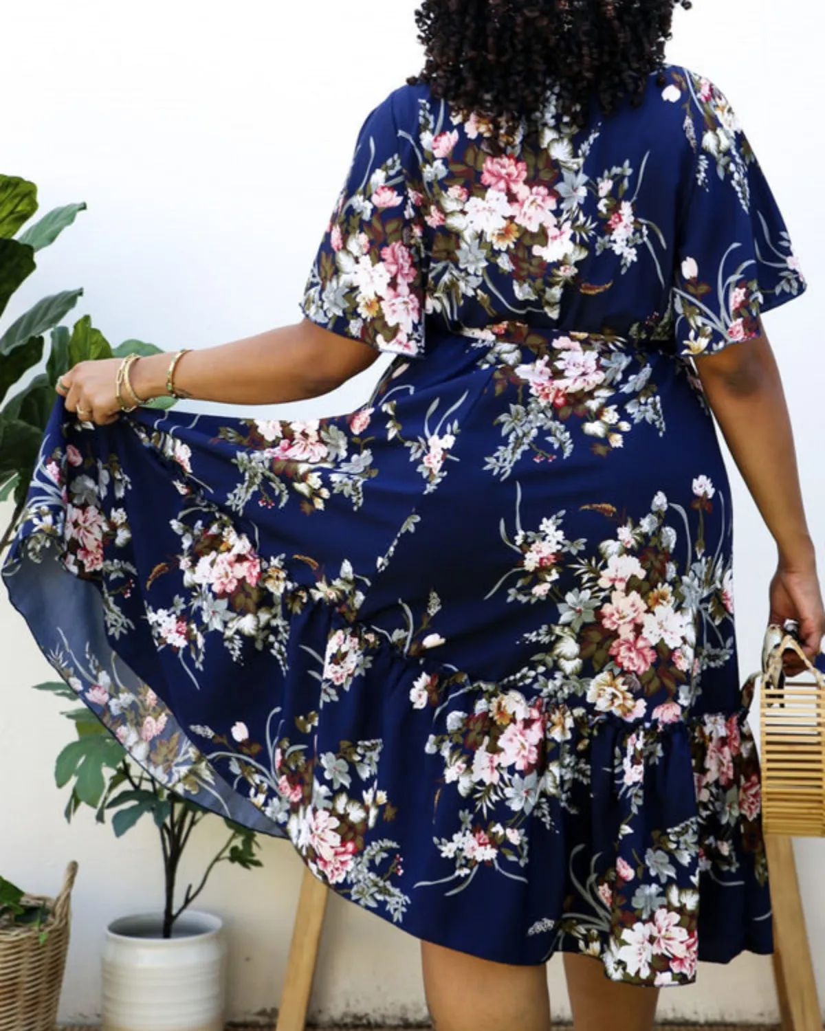 Anna Kaci Plus Size V Neck Floral Print Flowy Navy Maxi Dress - Jn4719