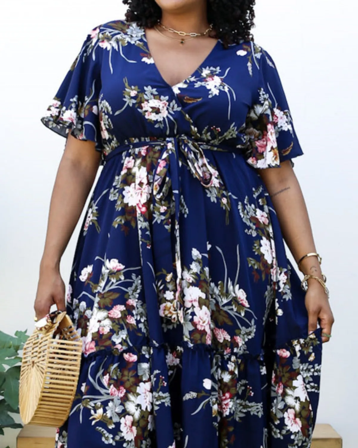 Anna Kaci Plus Size V Neck Floral Print Flowy Navy Maxi Dress - Jn4719