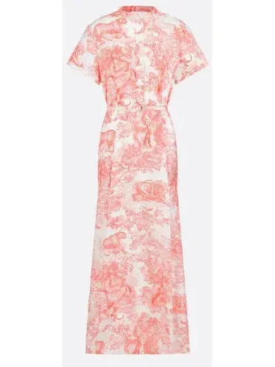 Belted Toile de Jouy Sauvage Motif Shirt Dress in White and Coral