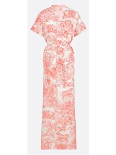 Belted Toile de Jouy Sauvage Motif Shirt Dress in White and Coral