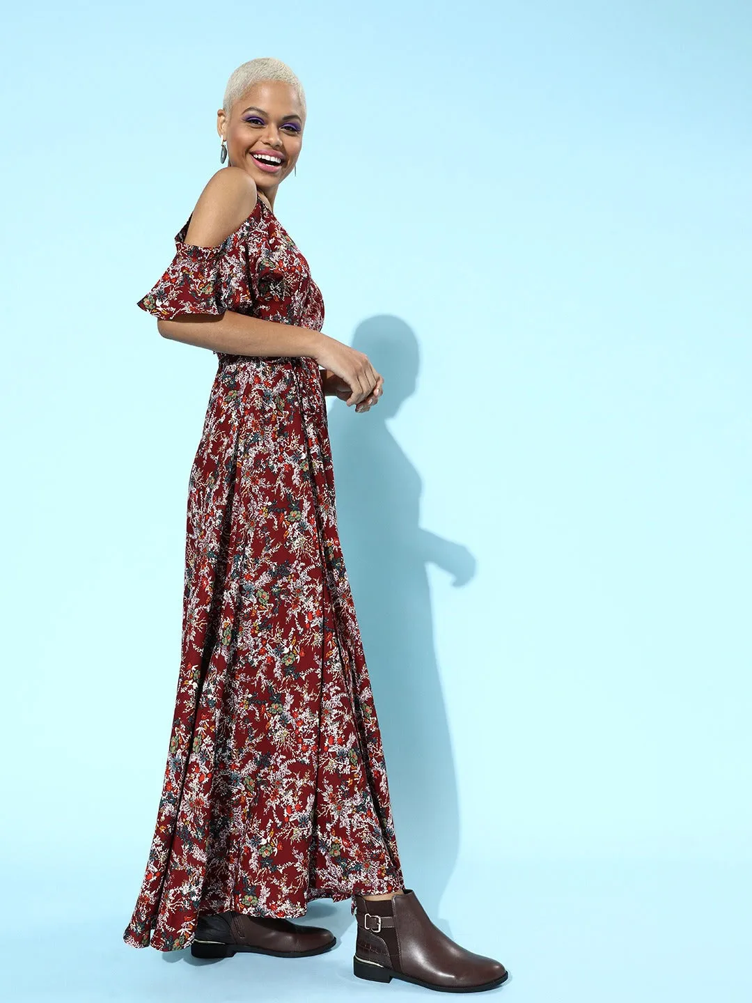 Berrylush Women Maroon & White Floral Printed V-Neck Cold-Shoulder Waist Tie-Up Flared Maxi Dress