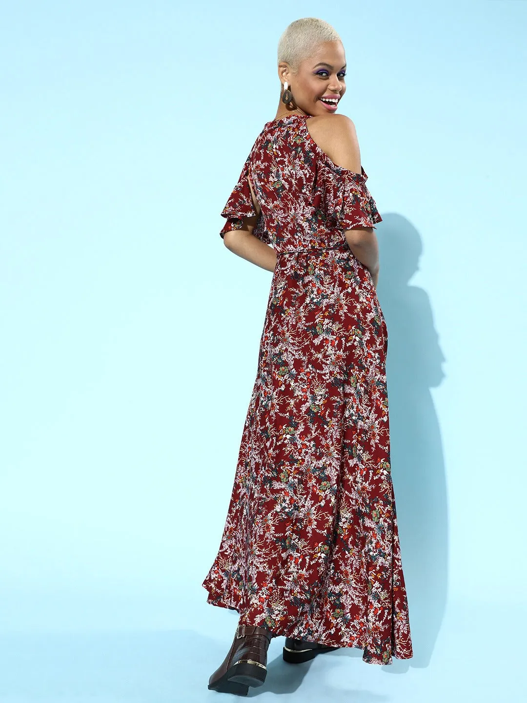 Berrylush Women Maroon & White Floral Printed V-Neck Cold-Shoulder Waist Tie-Up Flared Maxi Dress