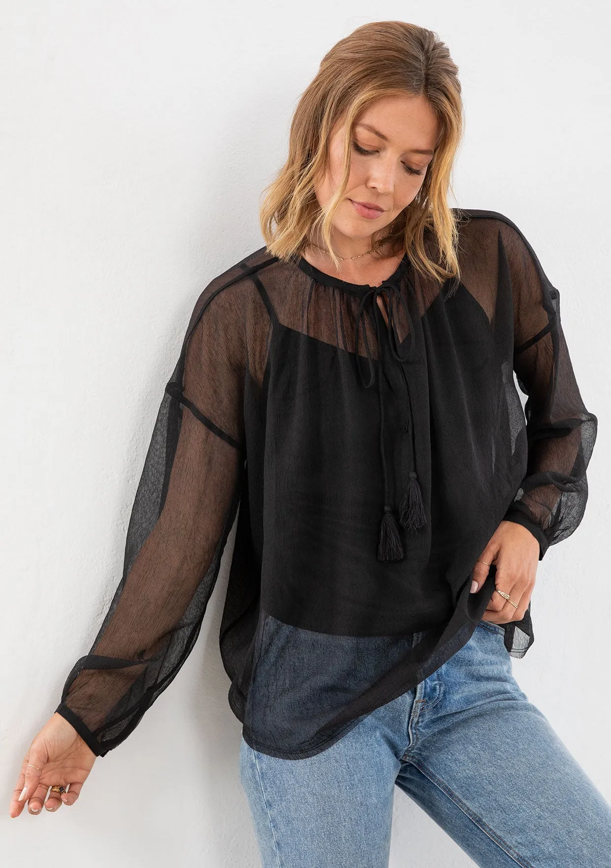 Black Sheer Bohemian Long Sleeve Blouse