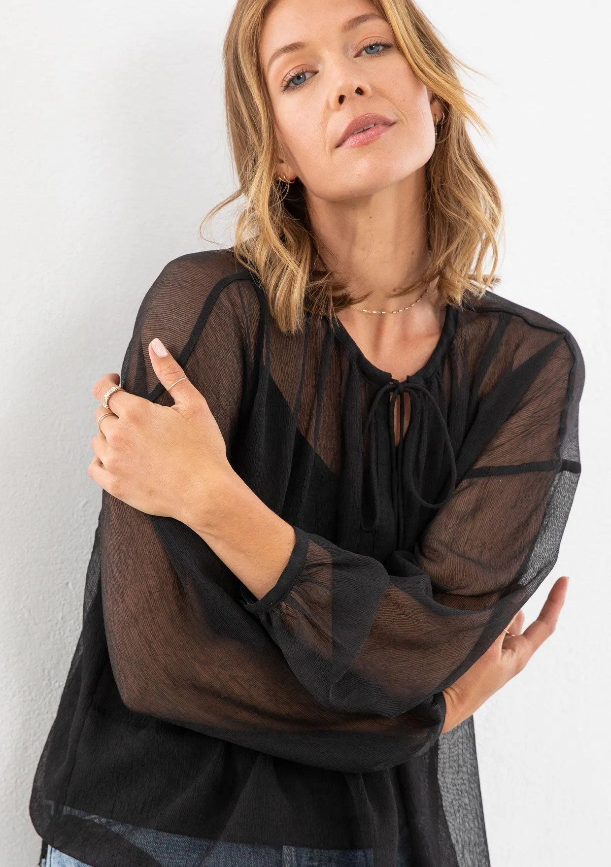 Black Sheer Bohemian Long Sleeve Blouse