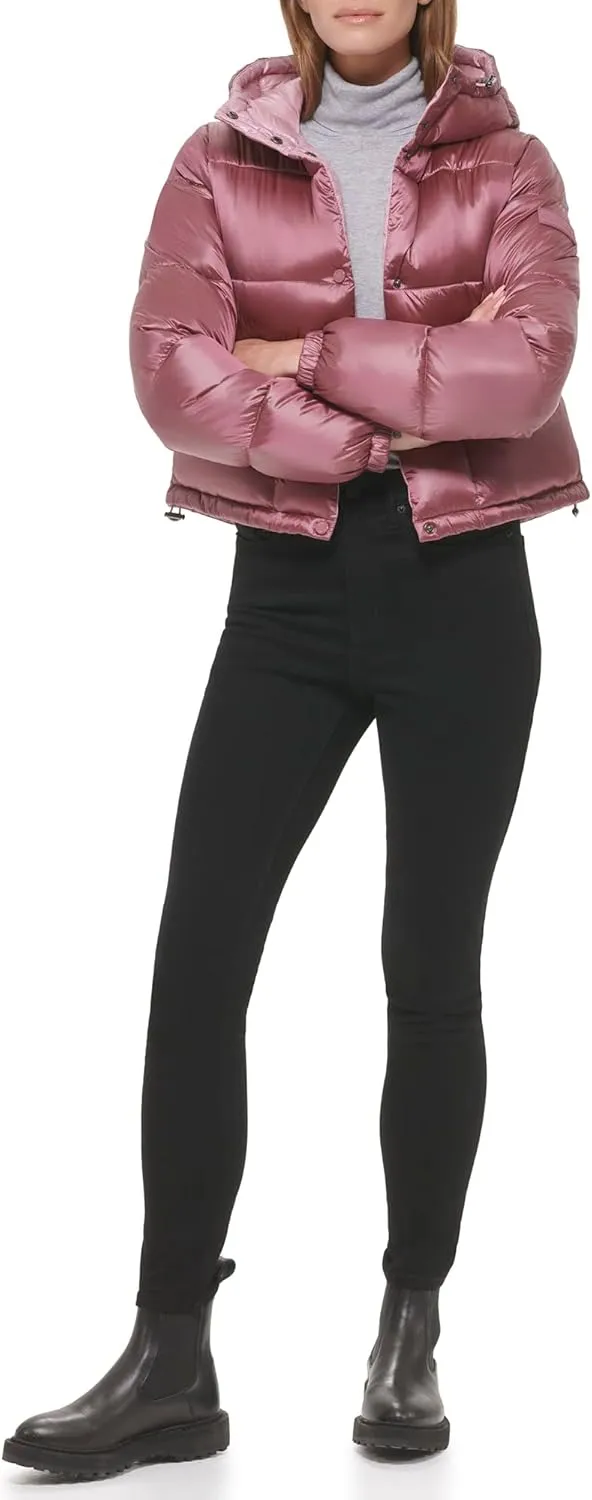 Calvin Klein Women's Lightweight Cropped Hooded Snap Pockets Puffer