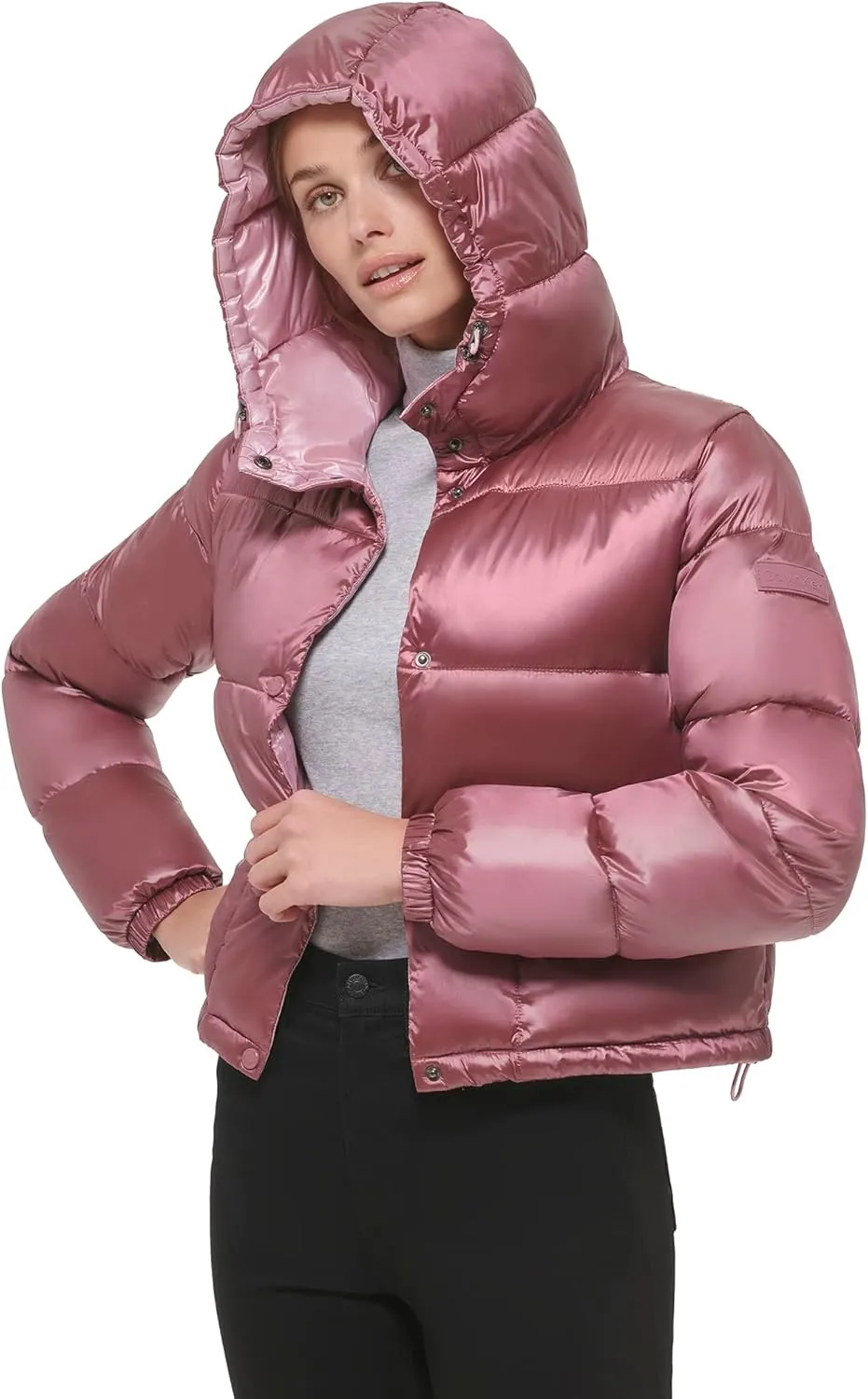 Calvin Klein Women's Lightweight Cropped Hooded Snap Pockets Puffer