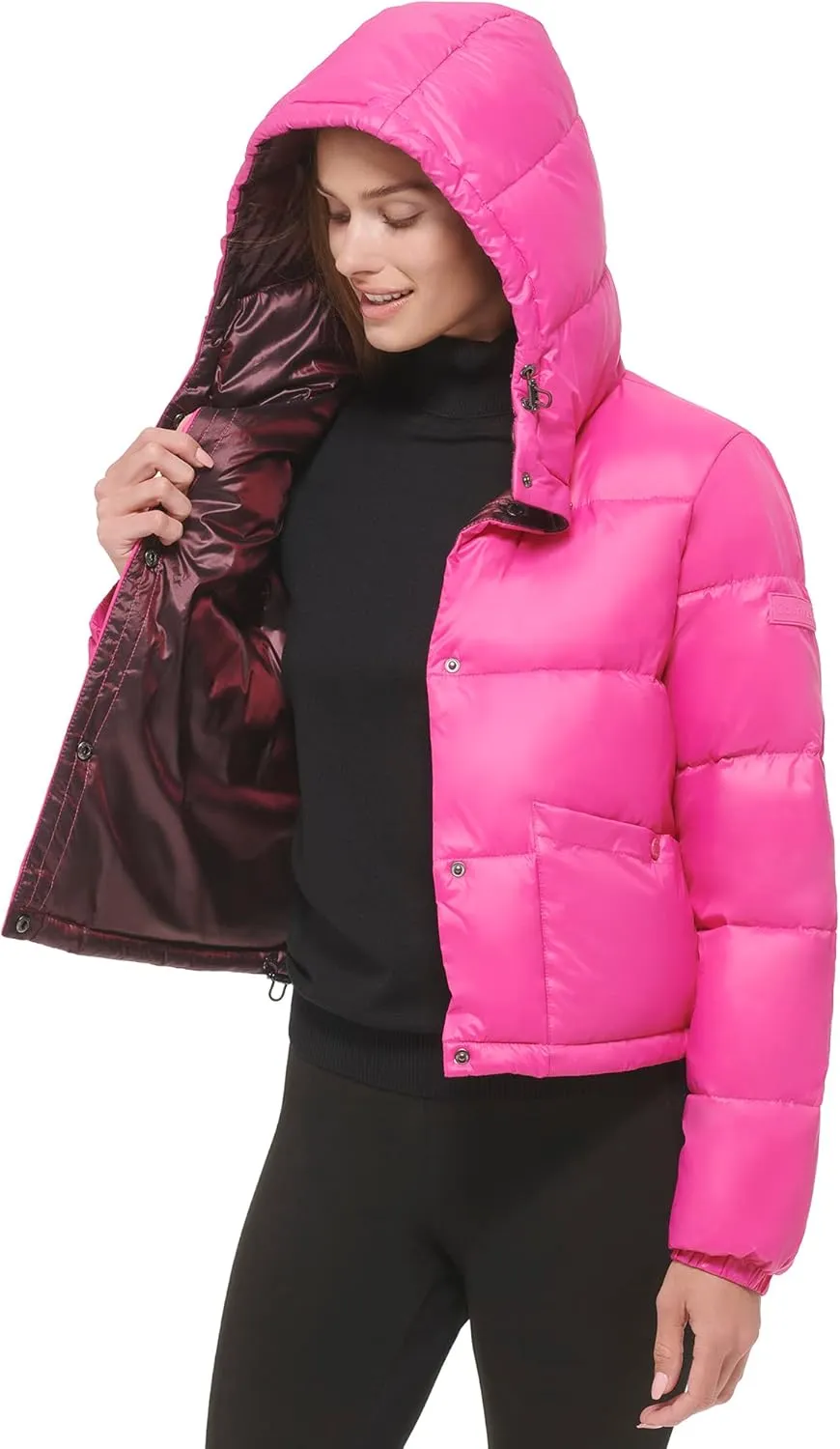 Calvin Klein Women's Lightweight Cropped Hooded Snap Pockets Puffer