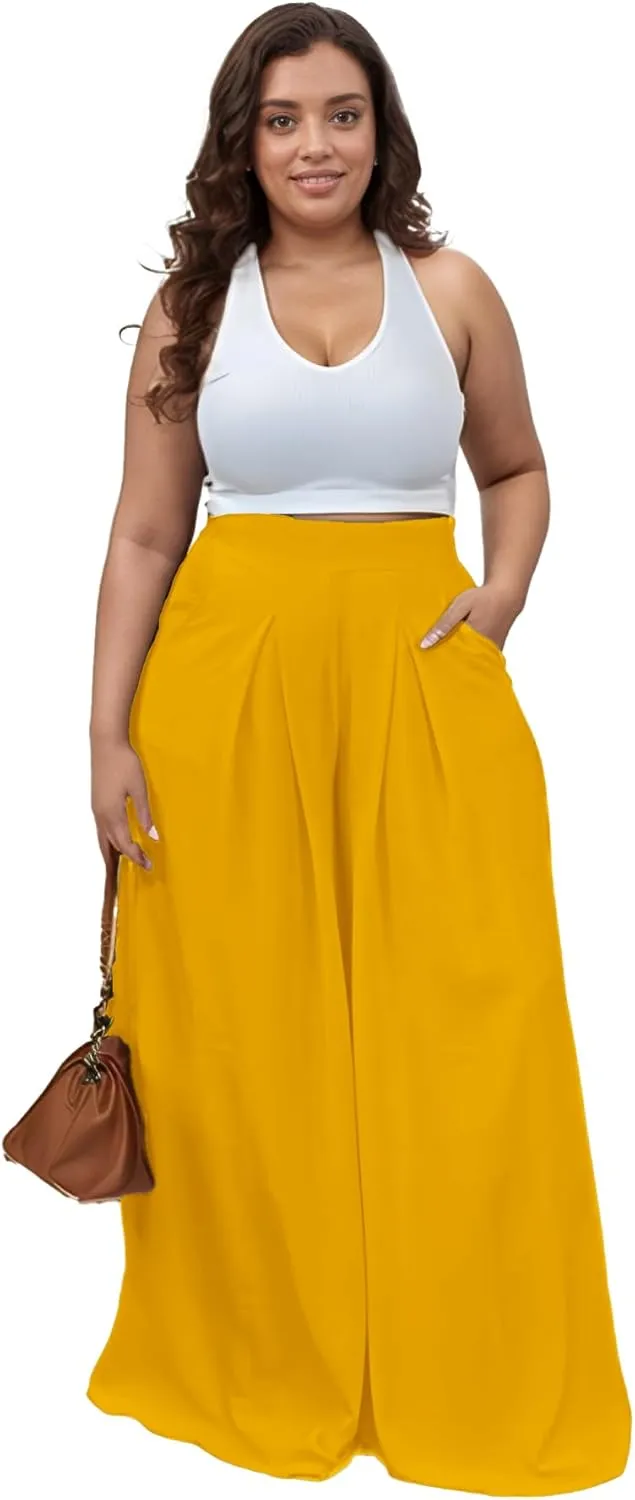 Casual Plus Size Wide Leg Palazzo Pants for Women Lounge High Waist Skirt Pants with Pockets Elastic Waistband