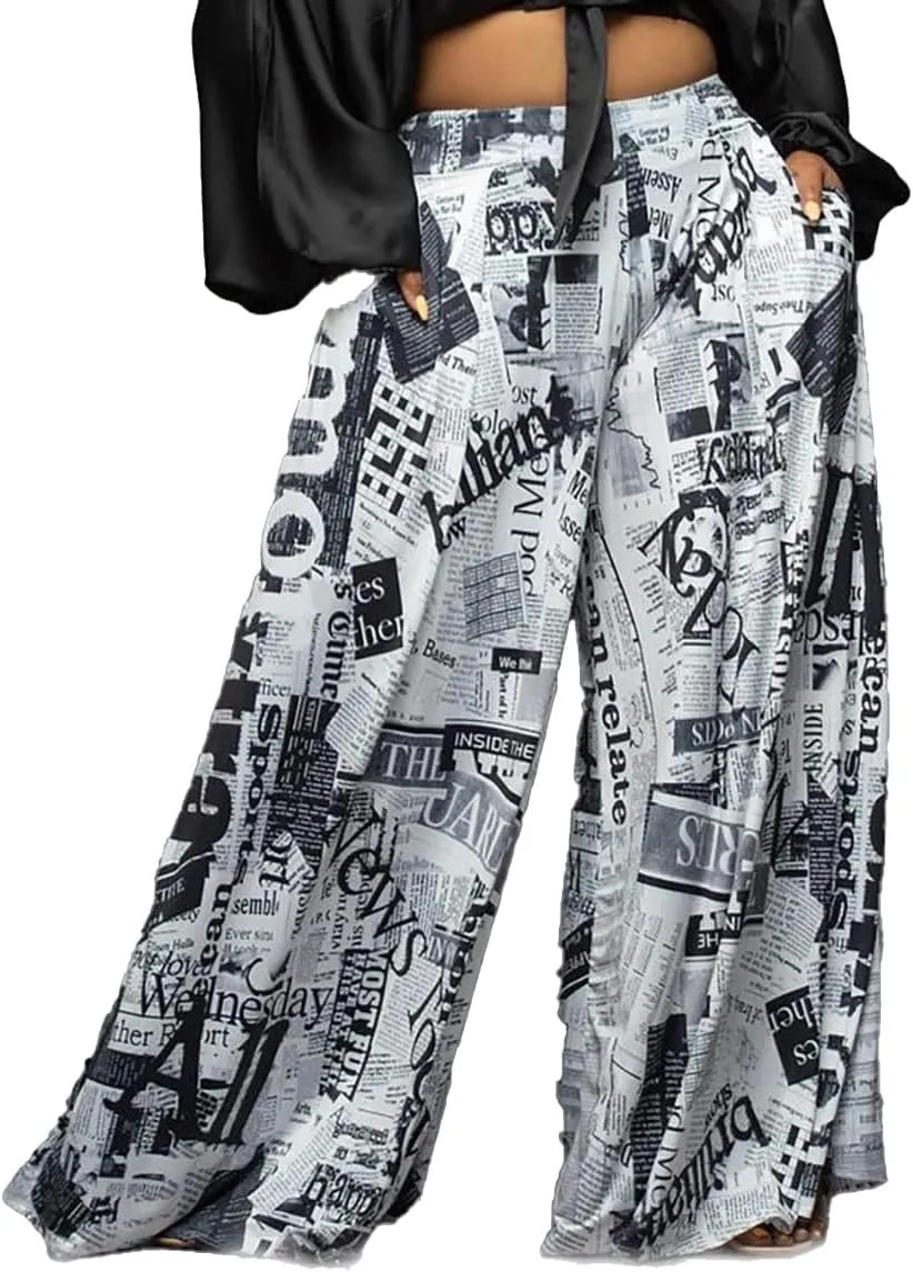Casual Plus Size Wide Leg Palazzo Pants for Women Lounge High Waist Skirt Pants with Pockets Elastic Waistband