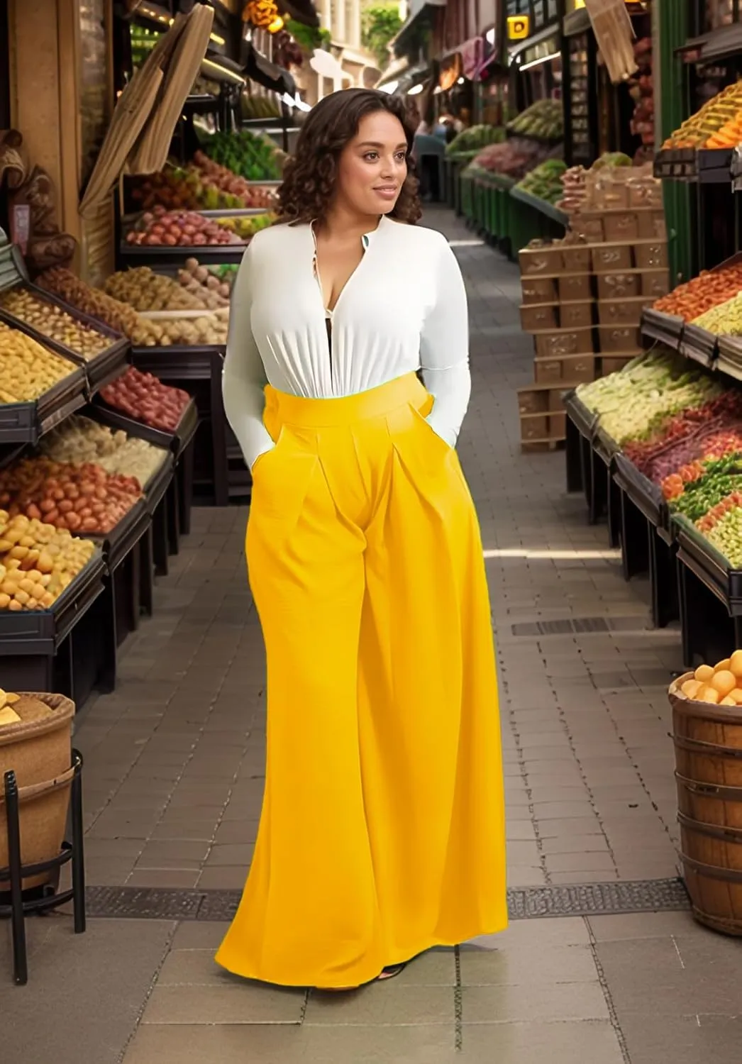 Casual Plus Size Wide Leg Palazzo Pants for Women Lounge High Waist Skirt Pants with Pockets Elastic Waistband