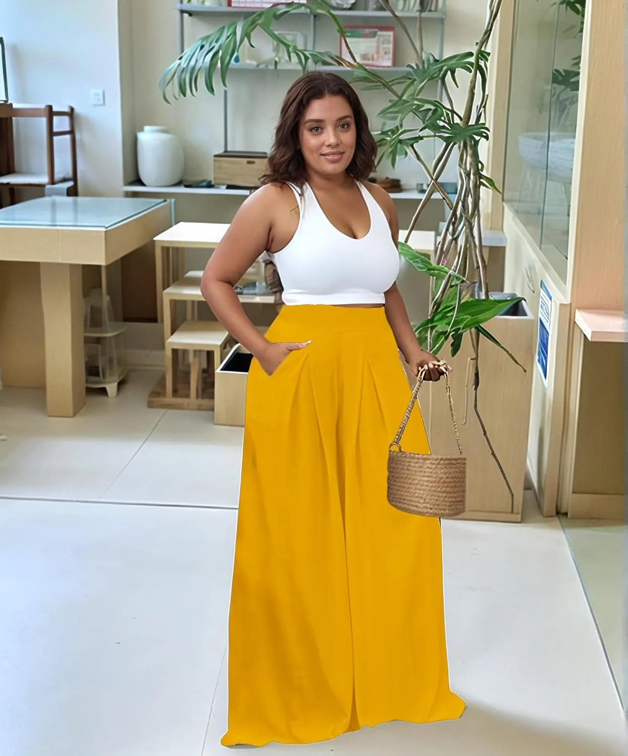 Casual Plus Size Wide Leg Palazzo Pants for Women Lounge High Waist Skirt Pants with Pockets Elastic Waistband