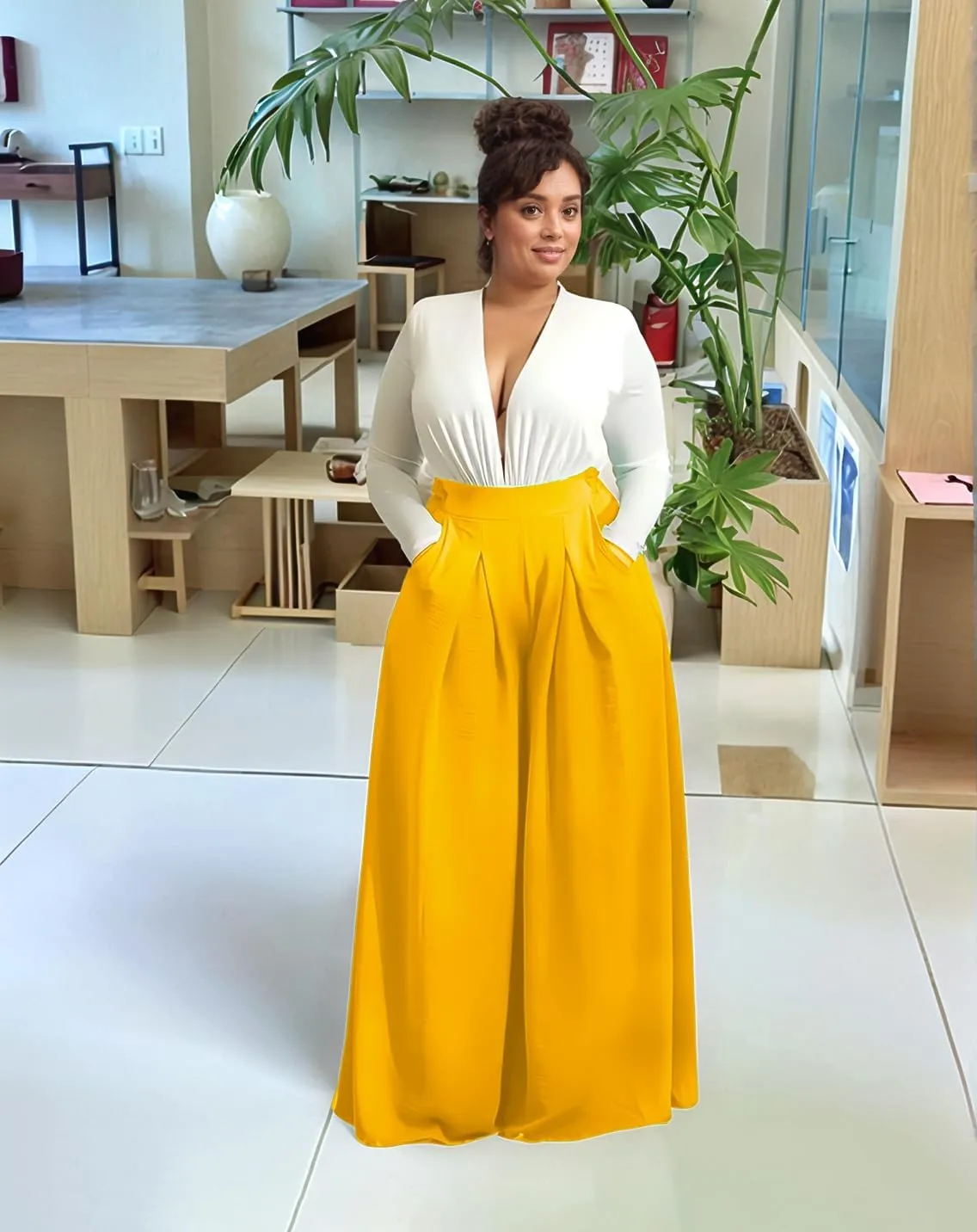 Casual Plus Size Wide Leg Palazzo Pants for Women Lounge High Waist Skirt Pants with Pockets Elastic Waistband