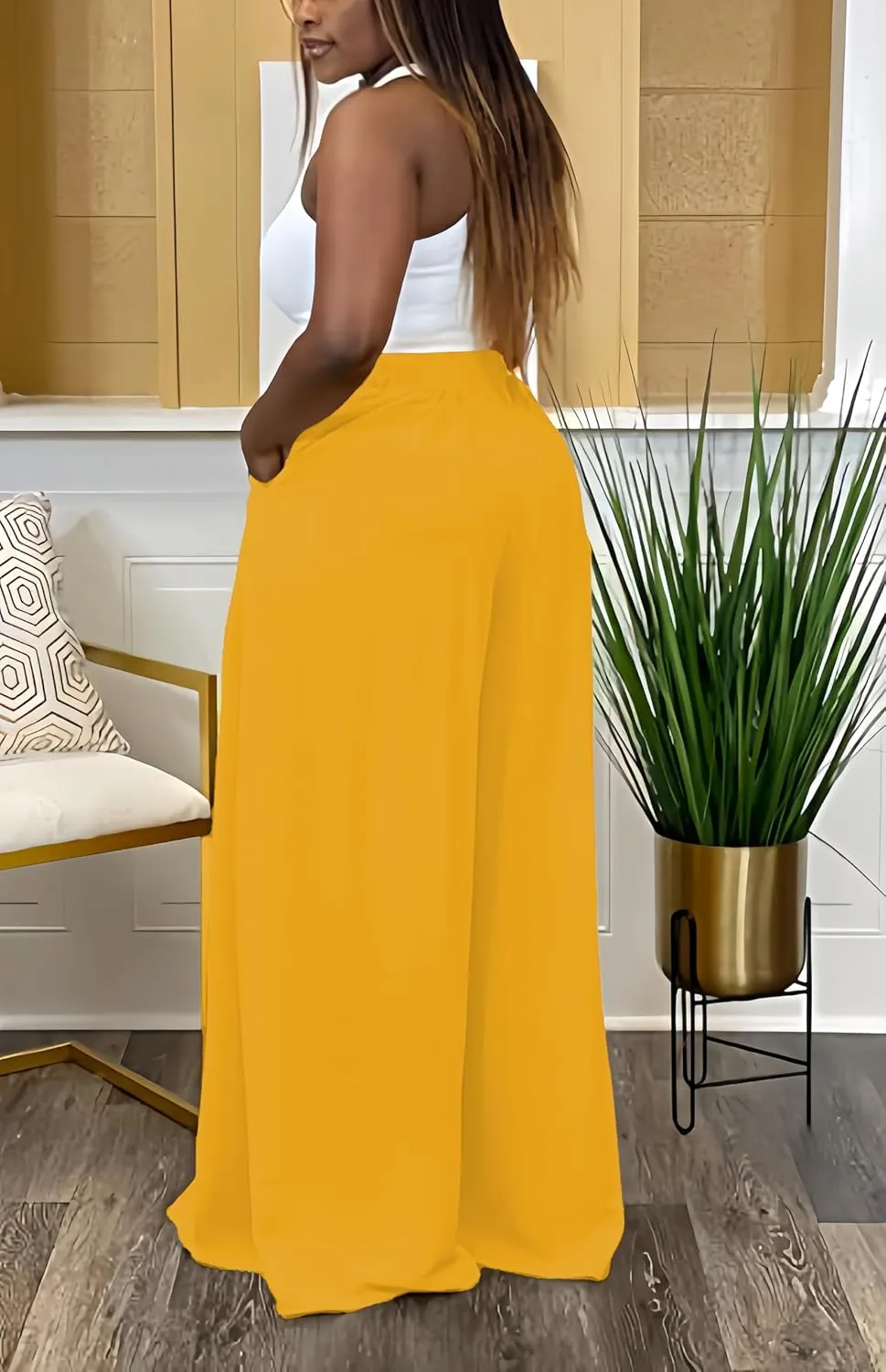 Casual Plus Size Wide Leg Palazzo Pants for Women Lounge High Waist Skirt Pants with Pockets Elastic Waistband