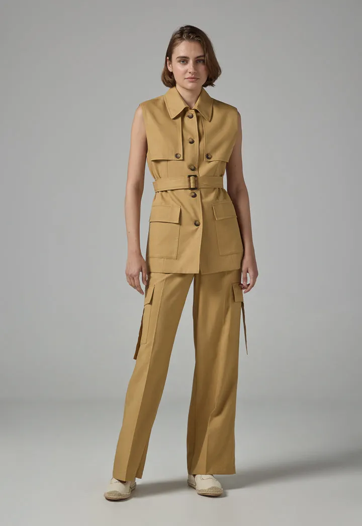Choice Front Flap Pockets Belted Gilet Camel