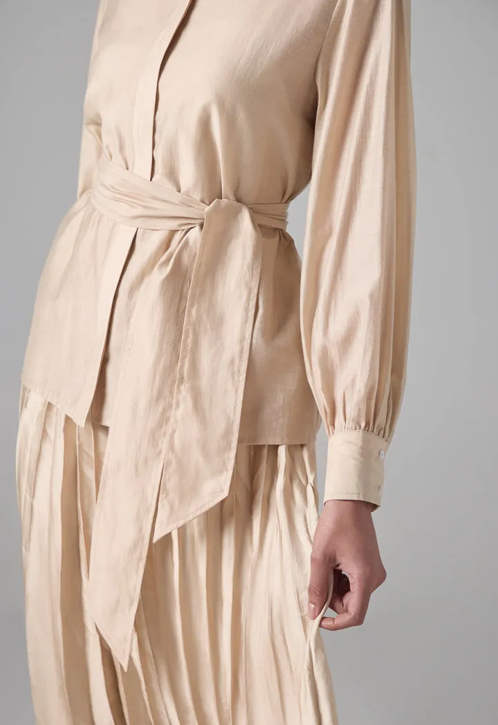 Choice Long Sleeve Basic Belted Shirt Beige