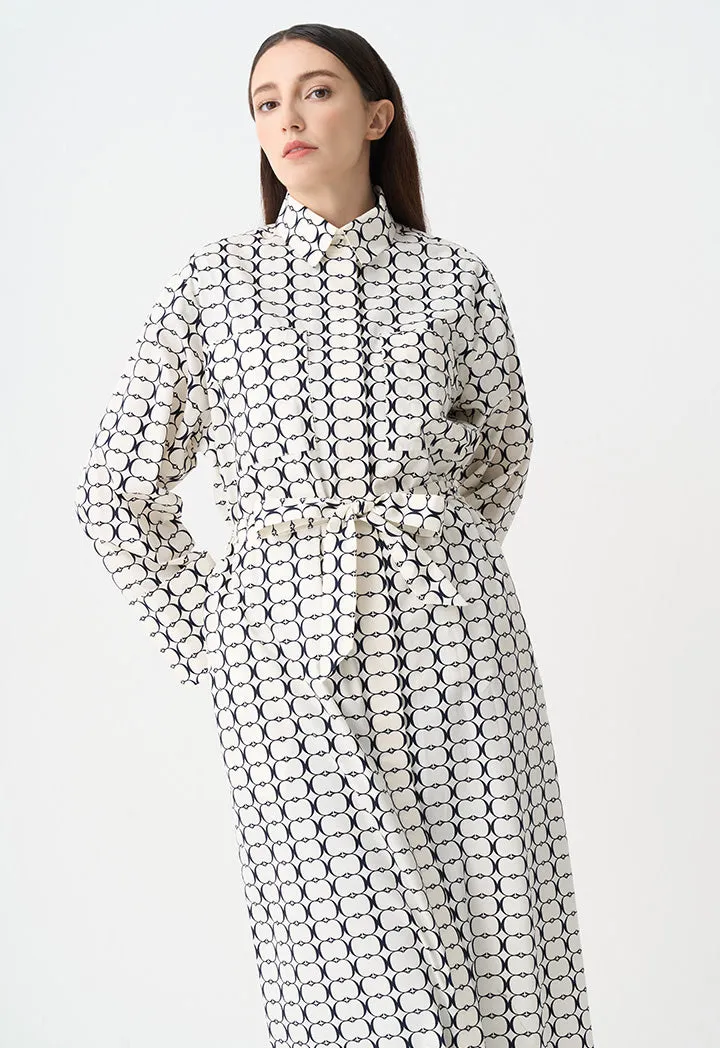 Choice Patterned Belted Shirt Dress Offwhite
