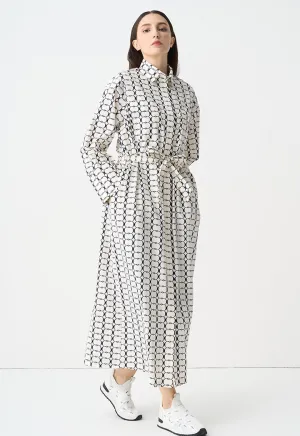 Choice Patterned Belted Shirt Dress Offwhite