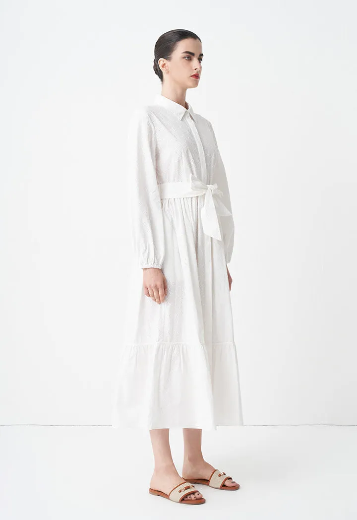 Choice Solid Monogram Belted Shirt Dress Off White