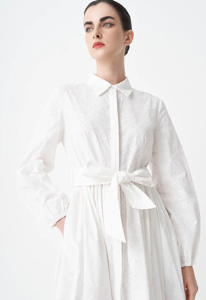 Choice Solid Monogram Belted Shirt Dress Off White