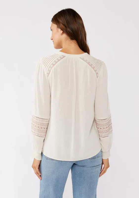 Claire Long Sleeve Embroidered Button Down Top Taupe