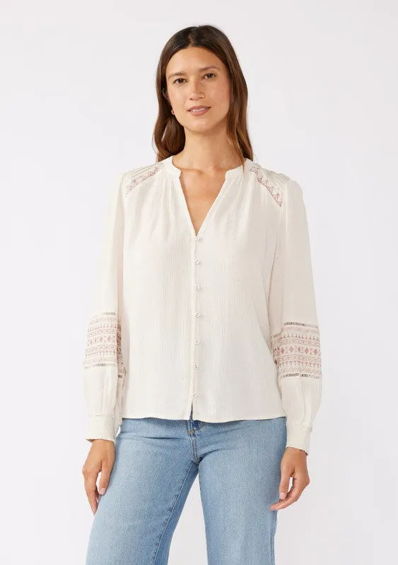 Claire Long Sleeve Embroidered Button Down Top Taupe