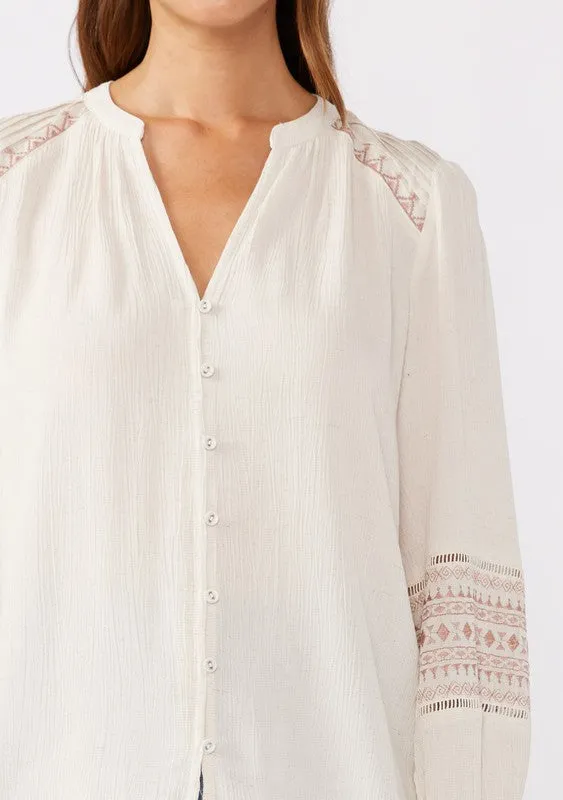 Claire Long Sleeve Embroidered Button Down Top Taupe