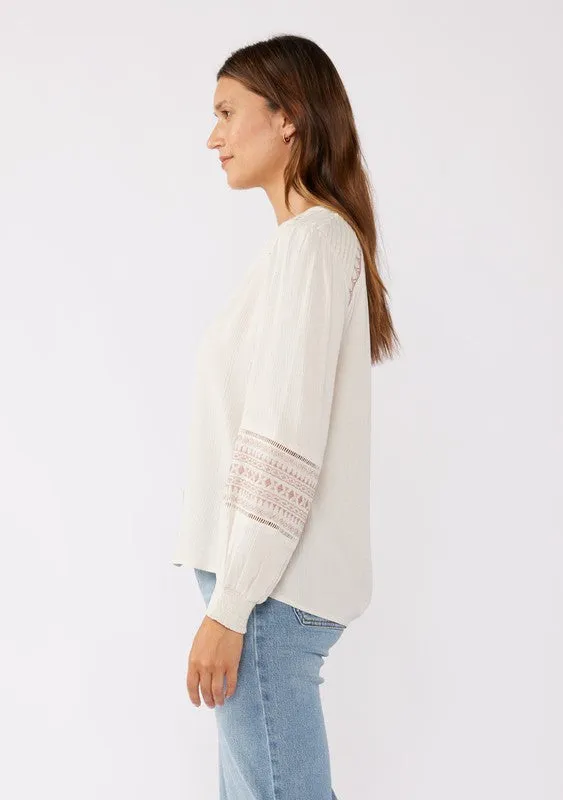 Claire Long Sleeve Embroidered Button Down Top Taupe