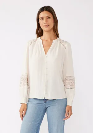 Claire Long Sleeve Embroidered Button Down Top Taupe