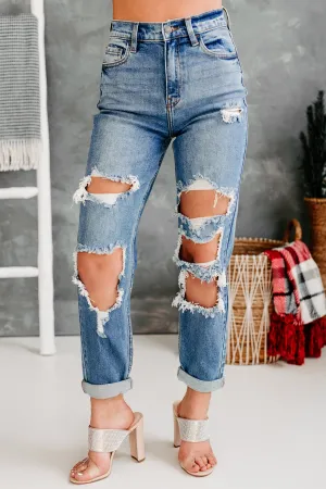 Complicated Feelings High Rise Distressed Cello Mom Jeans (Medium Denim)