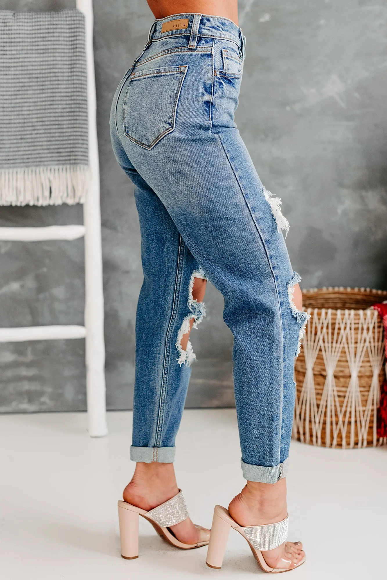 Complicated Feelings High Rise Distressed Cello Mom Jeans (Medium Denim)