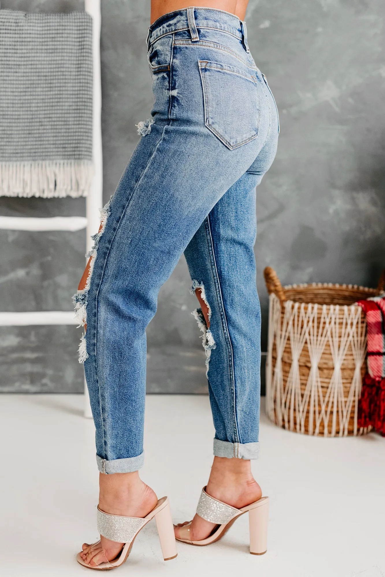 Complicated Feelings High Rise Distressed Cello Mom Jeans (Medium Denim)