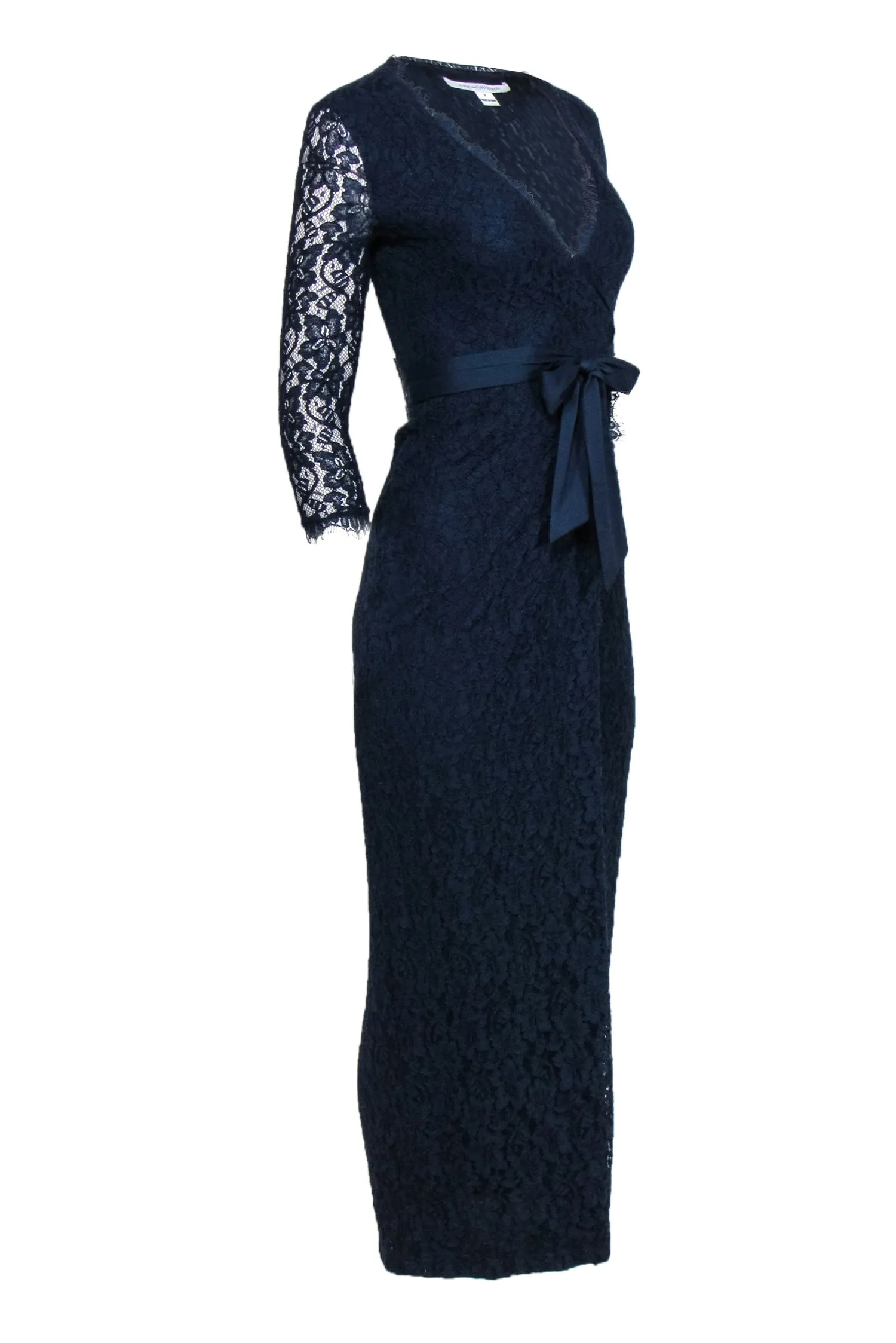 Diane von Furstenberg - Navy Floral Lace Wrap Maxi Dress Sz 0