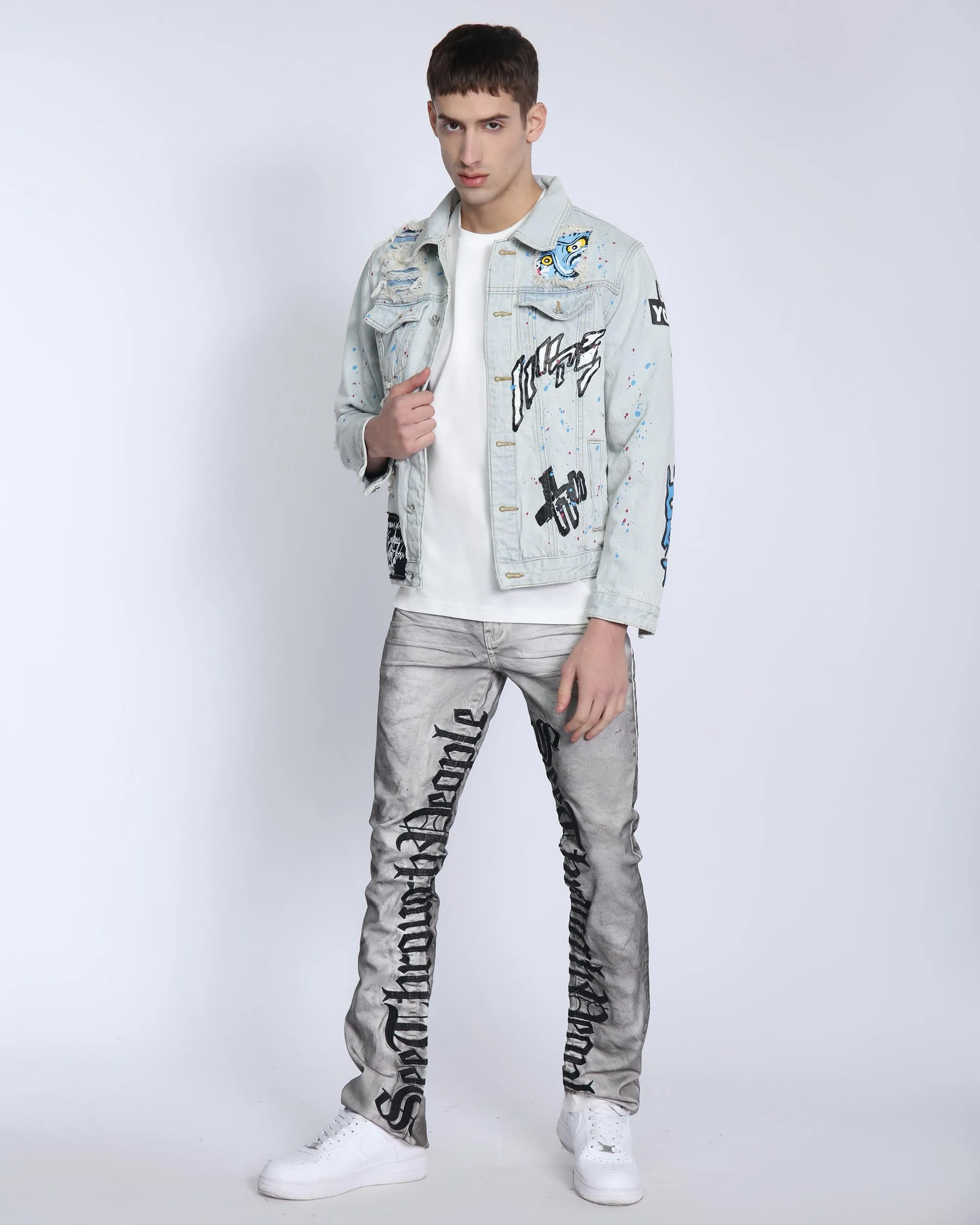 Distressed Graffiti Blue Denim Jacket with Rip & Repair
