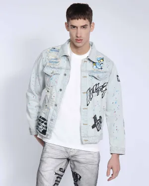 Distressed Graffiti Blue Denim Jacket with Rip & Repair