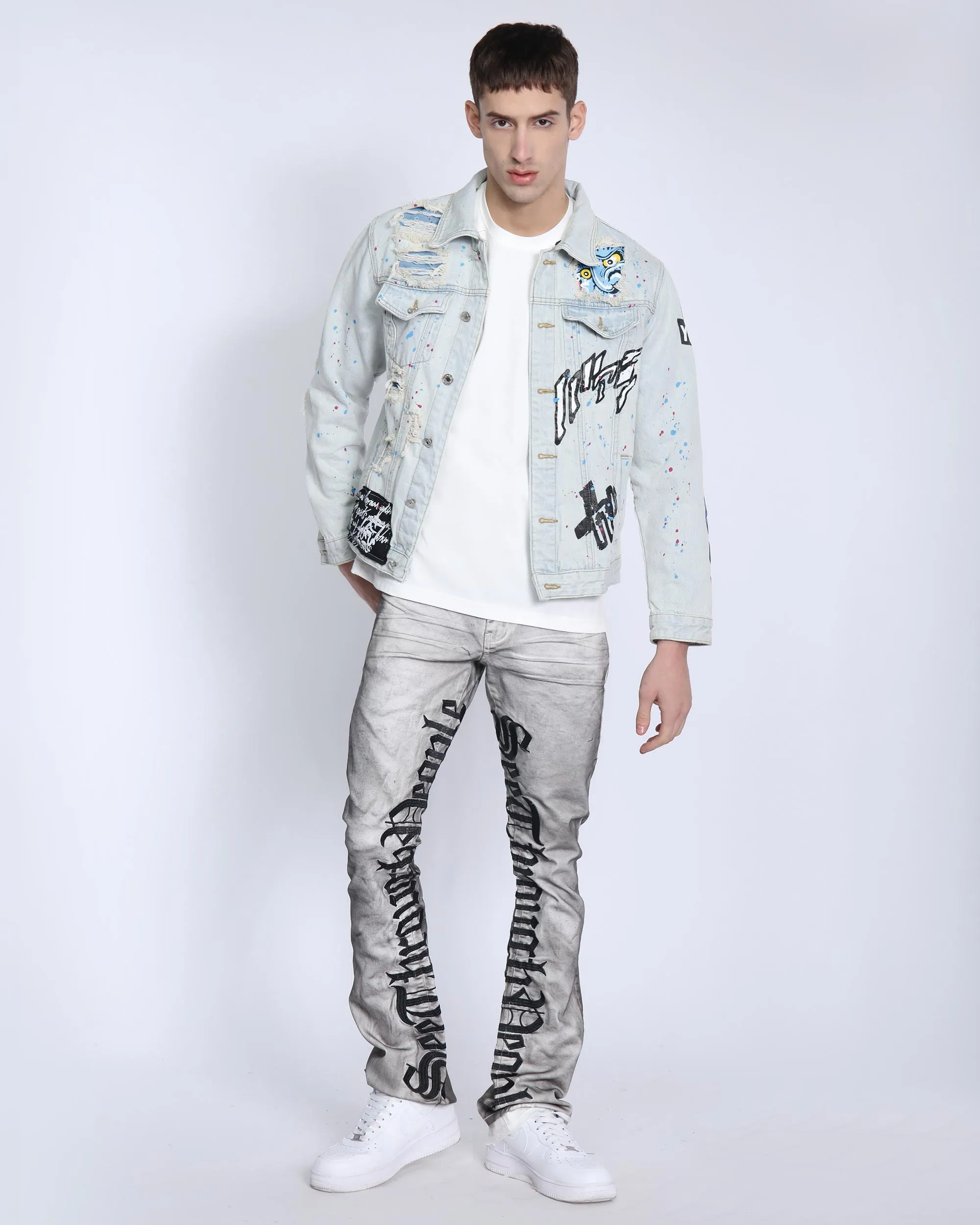 Distressed Graffiti Blue Denim Jacket with Rip & Repair