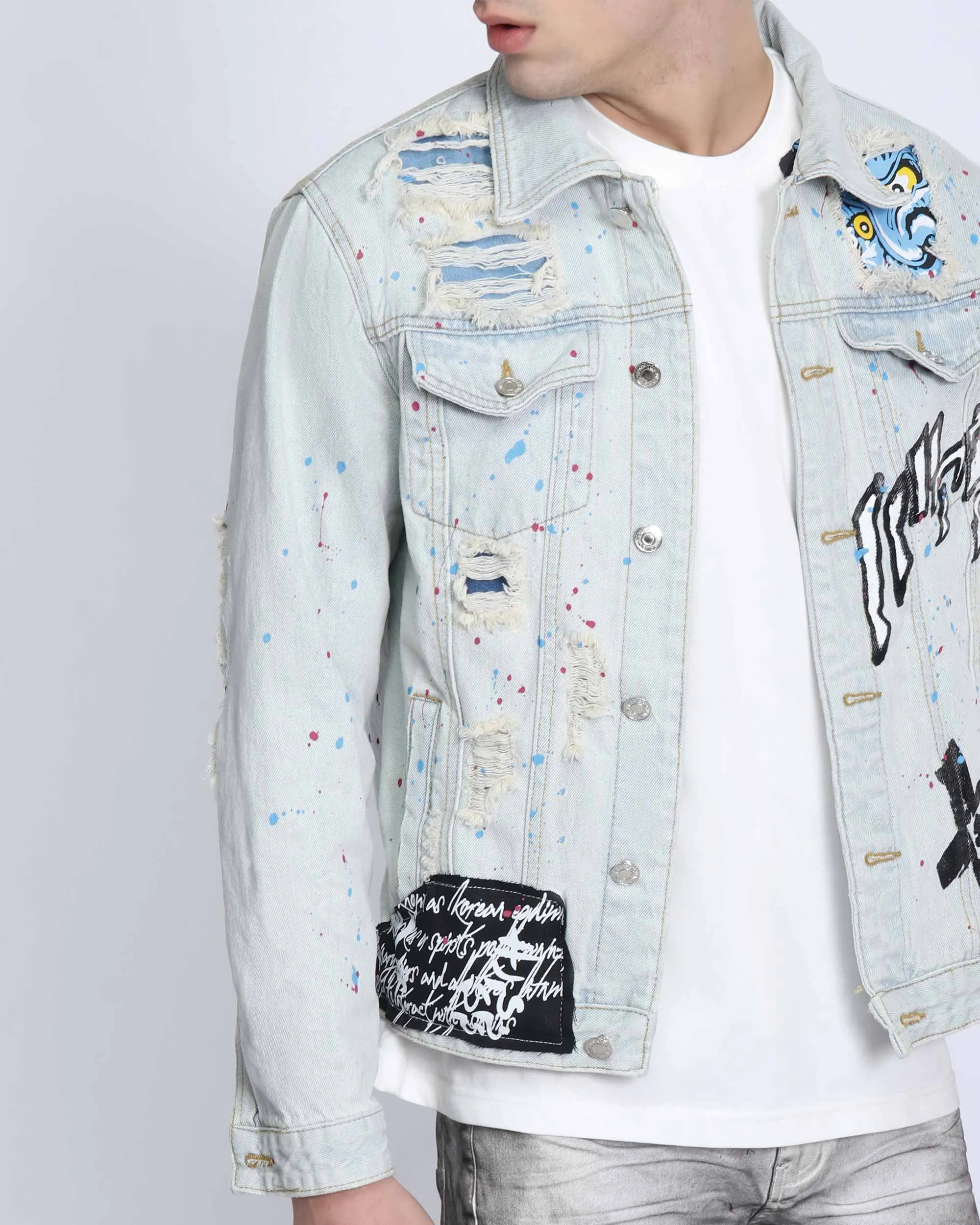 Distressed Graffiti Blue Denim Jacket with Rip & Repair