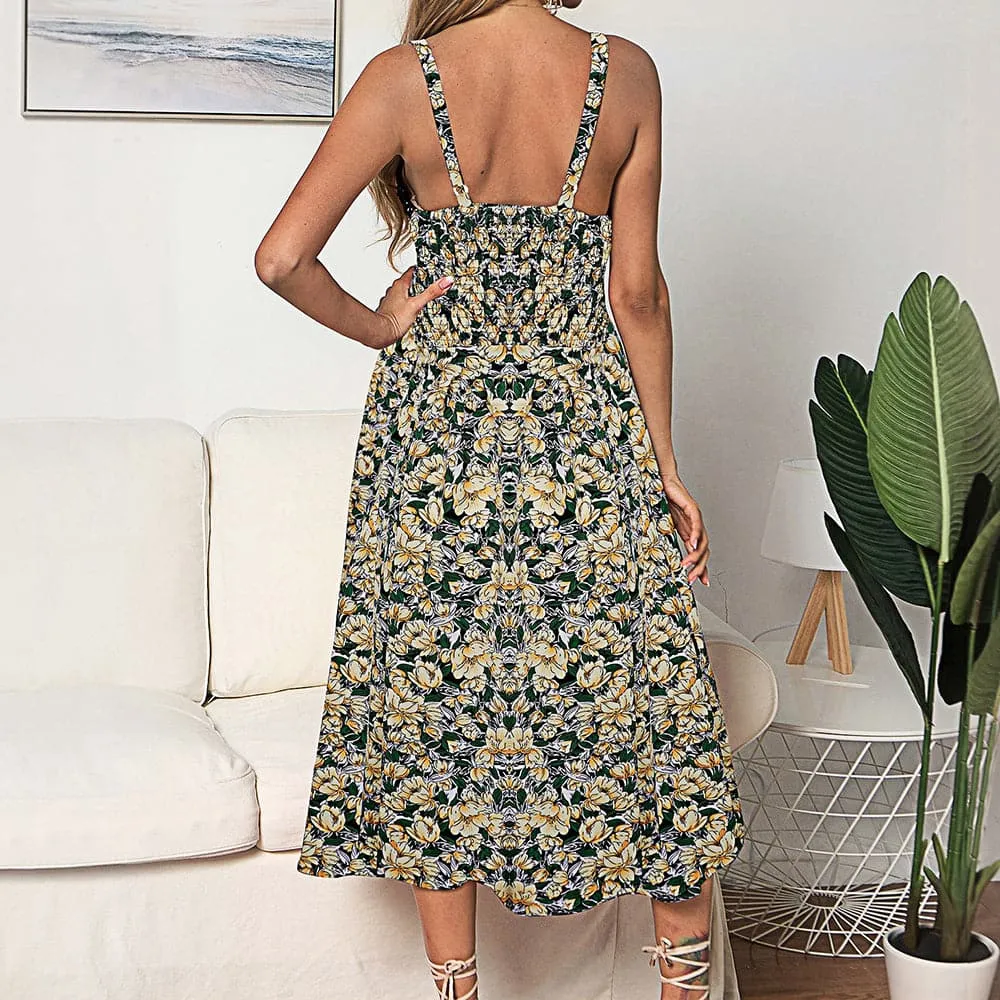 DressBetty - Sexy Sling Ruffle Dress Floral Print Button Sundress