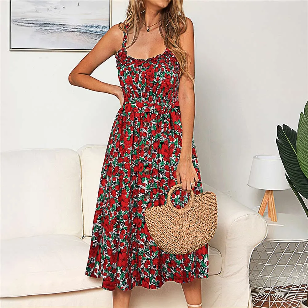 DressBetty - Sexy Sling Ruffle Dress Floral Print Button Sundress
