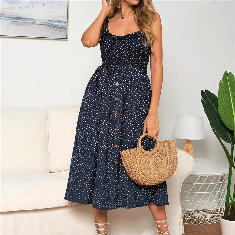 DressBetty - Sexy Sling Ruffle Dress Floral Print Button Sundress