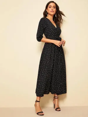 Dunnmall Confetti Print Bishop Sleeve Belted Maxi Dress