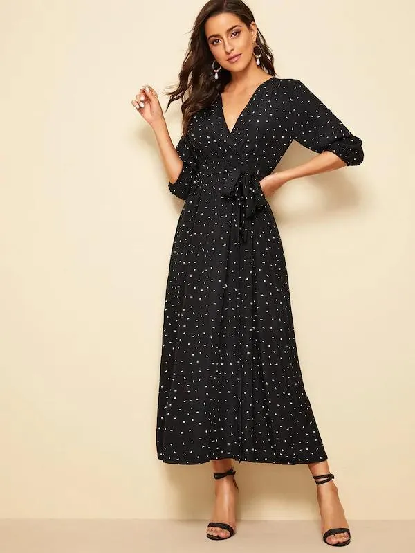 Dunnmall Confetti Print Bishop Sleeve Belted Maxi Dress