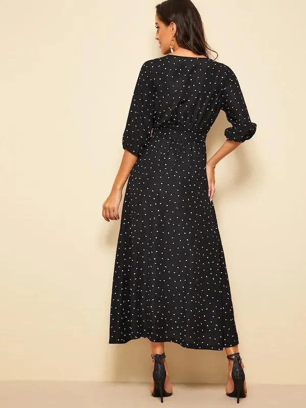 Dunnmall Confetti Print Bishop Sleeve Belted Maxi Dress