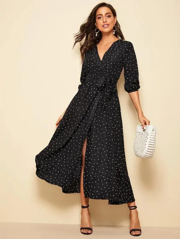 Dunnmall Confetti Print Bishop Sleeve Belted Maxi Dress