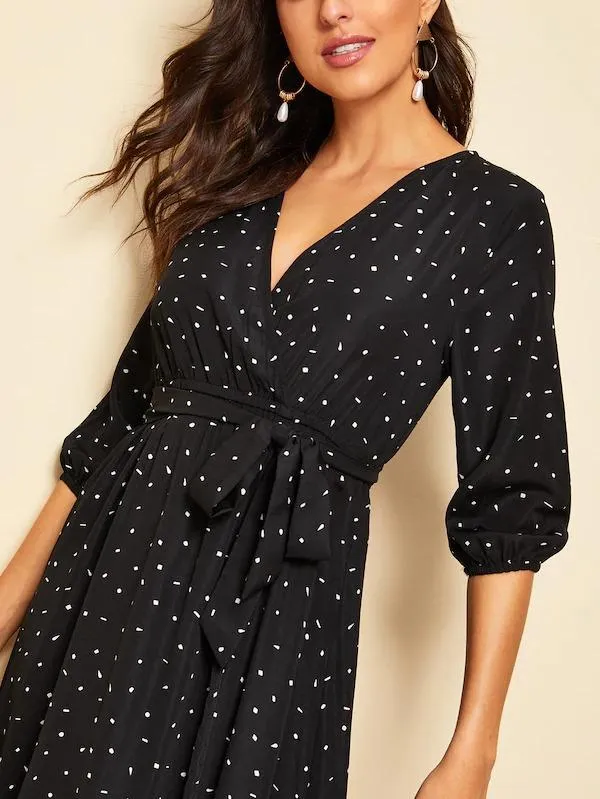 Dunnmall Confetti Print Bishop Sleeve Belted Maxi Dress