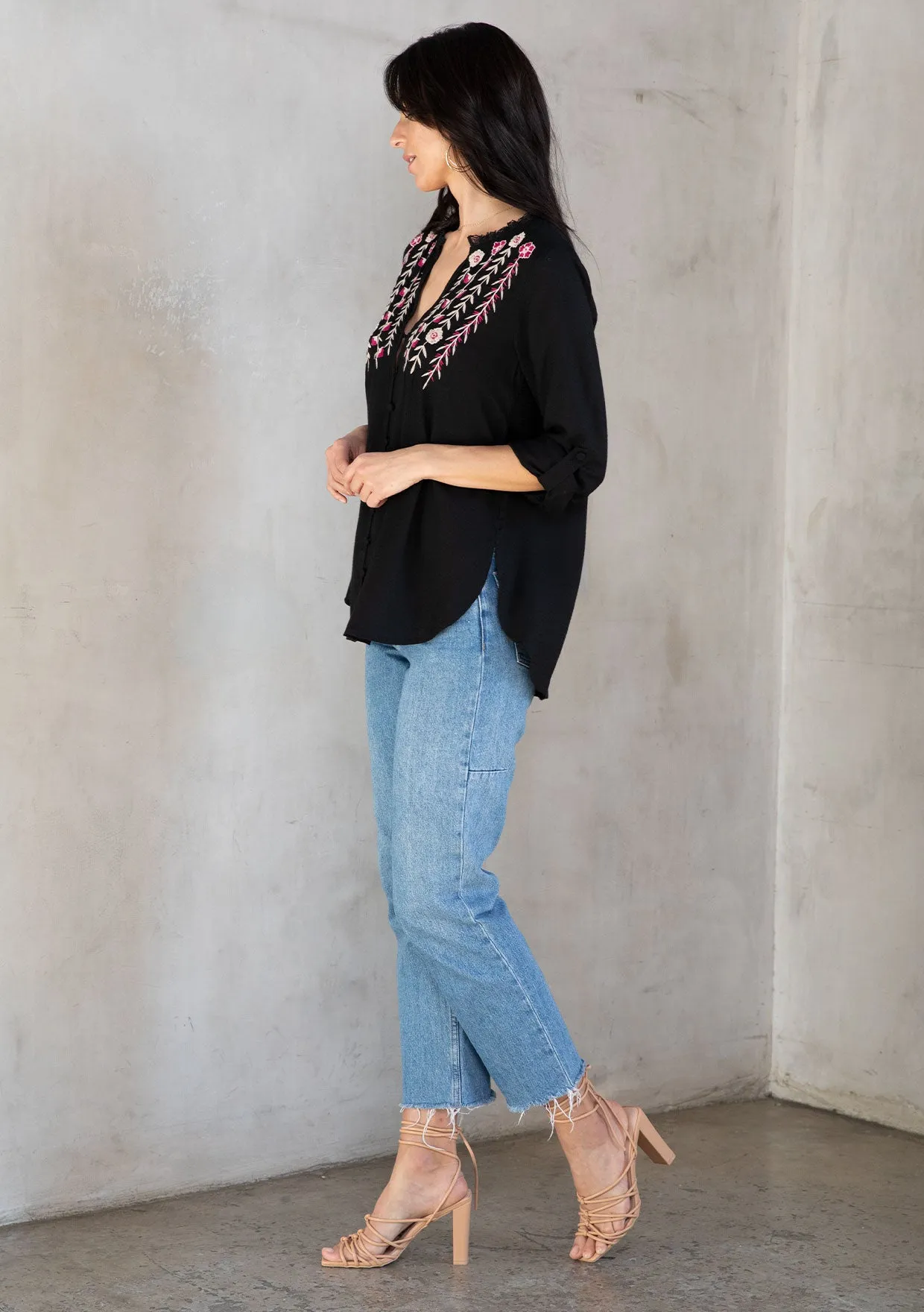 Floral Embroidered Roll Up Long Sleeve Top